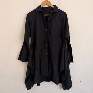 Shamask Black Cotton Button Down Asymmetric Hem Shirt Dress M Lagenlook Boho